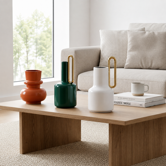 Minimalist living room with a wooden coffee table displaying three decorative ceramic vases and a coffee mug beside stacked books.