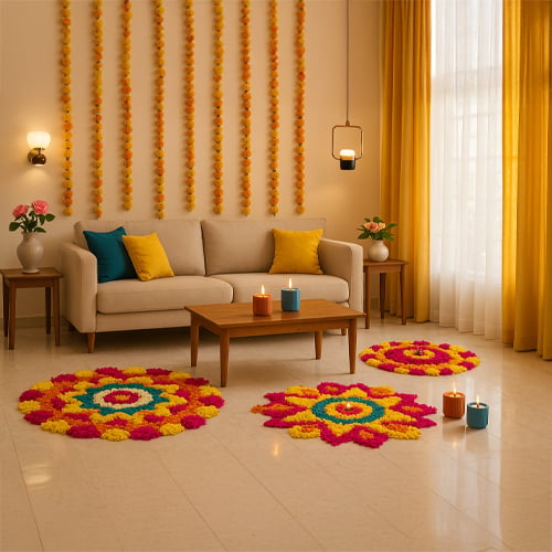 Diwali decoration ideas with rangoli lights marigold garlands and festive home decor inspiration.