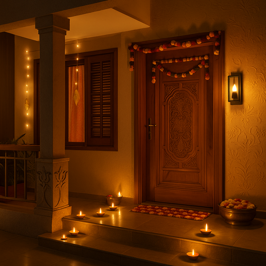 Diwali home decor ideas with diya lights rangoli entrance and festive home styling inspiration.