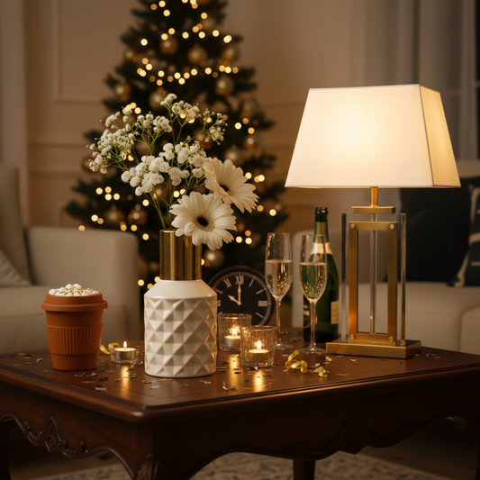 Cozy New Year decor ideas with warm lights candles flowers and festive home styling inspiration.