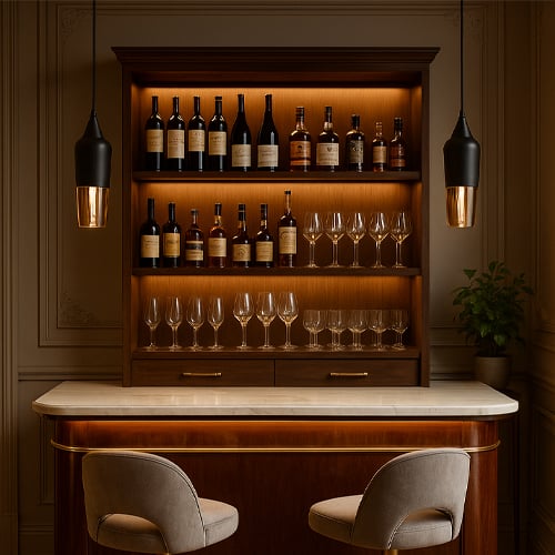 Home bar lighting ideas with warm ambiance stylish setup and cozy luxury interior inspiration.