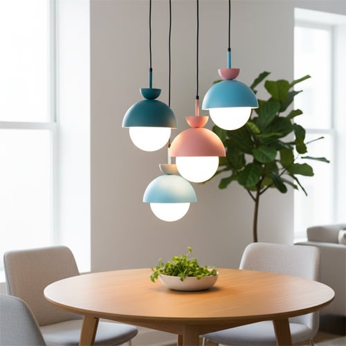 Flowerpot pendant lights in modern dining space with colorful hanging lamps and stylish home decor ideas.