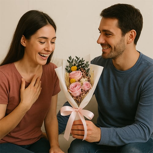 Valentines Day gift for wife with romantic bouquet surprise and heartfelt celebration moments inspiration.