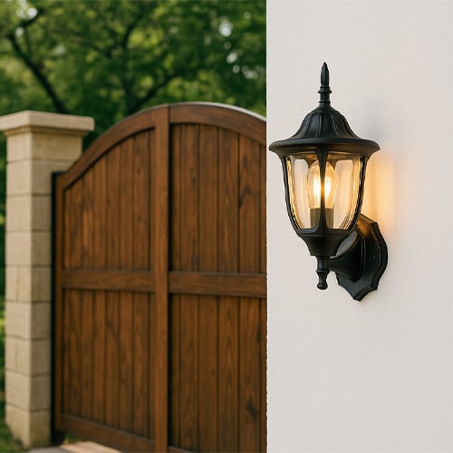 Outdoor wall light at main entrance with warm glow enhancing door design and modern home exterior decor.
