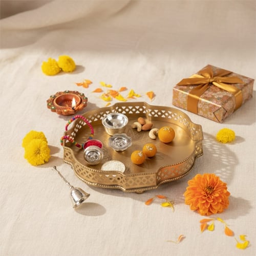 Bhai Dooj puja setup with festive decor thali diya sweets and traditional celebration styling.