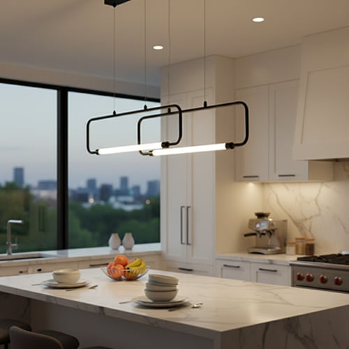 Linear pendant light ideas for modern kitchen with sleek lighting and contemporary interior inspiration.