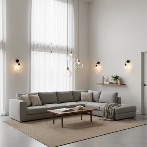 Wall lighting with clear glass shades in modern living room showing elegant illumination and decor appeal.