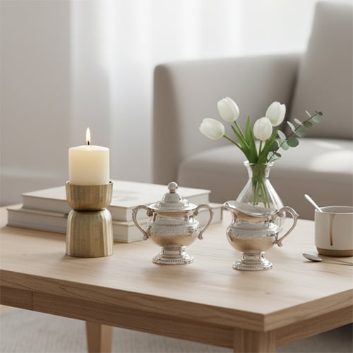 Coffee table decor with candles vase and minimal accessories creating elegant and stylish living room setup.