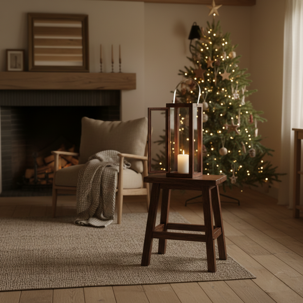 Christmas home decorating ideas with cozy lights tree and candle decor for warm festive living space.
