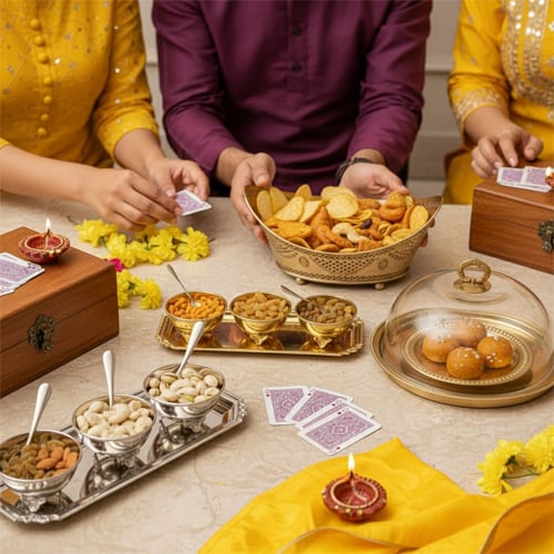 Diwali celebration setup with festive food diyas sweets and vibrant decor creating warm home party ambiance.
