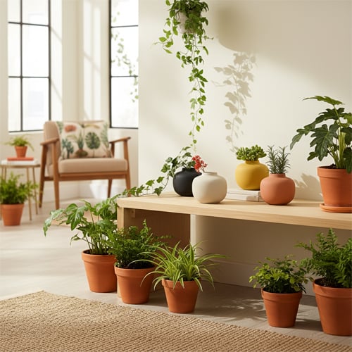 Indoor garden setup with potted plants natural light and minimal decor creating fresh home styling ideas.