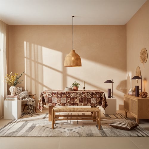 Living room decor with mixed patterns warm tones and layered textiles creating stylish and balanced interior look.