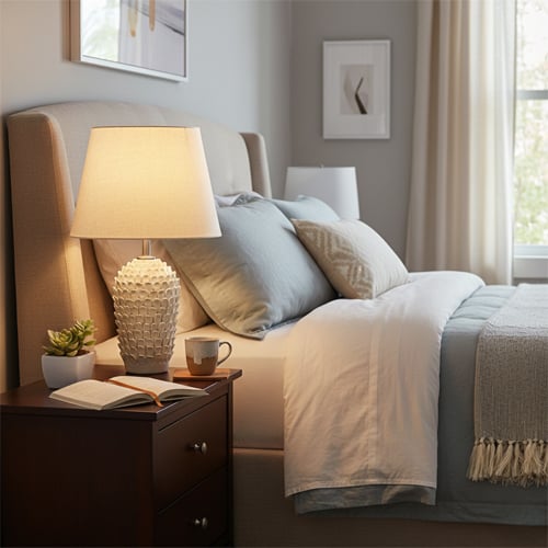 Modern bedroom table lamp with warm lighting cozy bed setup and stylish functional home decor inspiration.