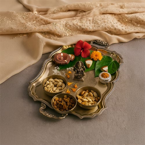 Navratri decoration ideas with festive thali diya flowers and traditional home decor styling.