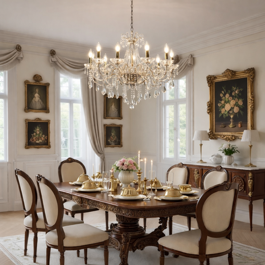 Neoclassical living room design with chandelier classic furniture and elegant decor creating luxurious home ambiance.