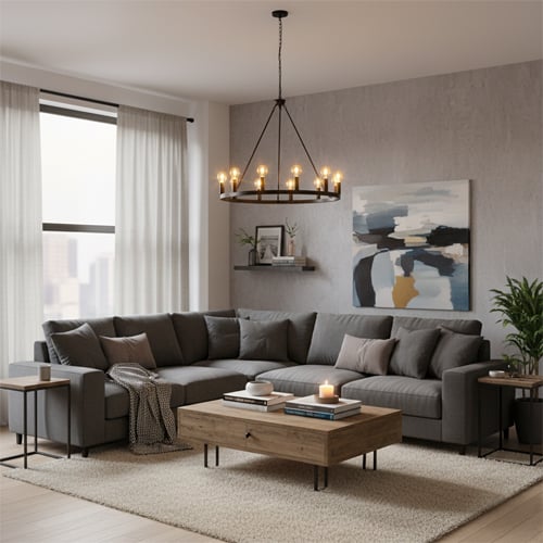 Pendant lights and chandelier comparison in modern living room showing luxury lighting design choices.