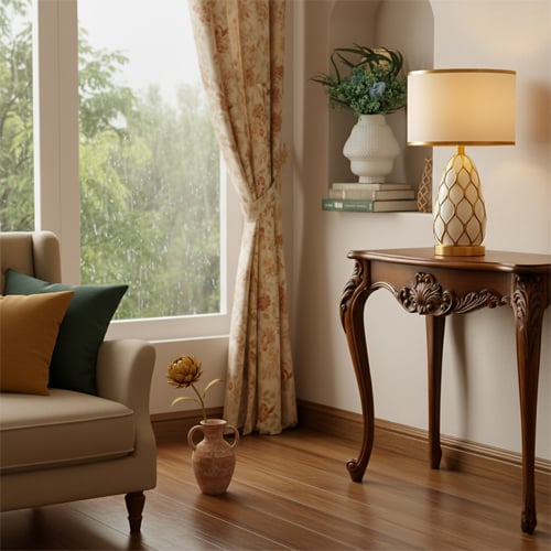 Cozy monsoon home decor with warm lighting soft furnishings and relaxing ambiance for rainy season comfort.