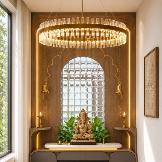 Explore pooja room decoration ideas with elegant lighting, brass décor, and home temple design tips for a peaceful and spiritual space.