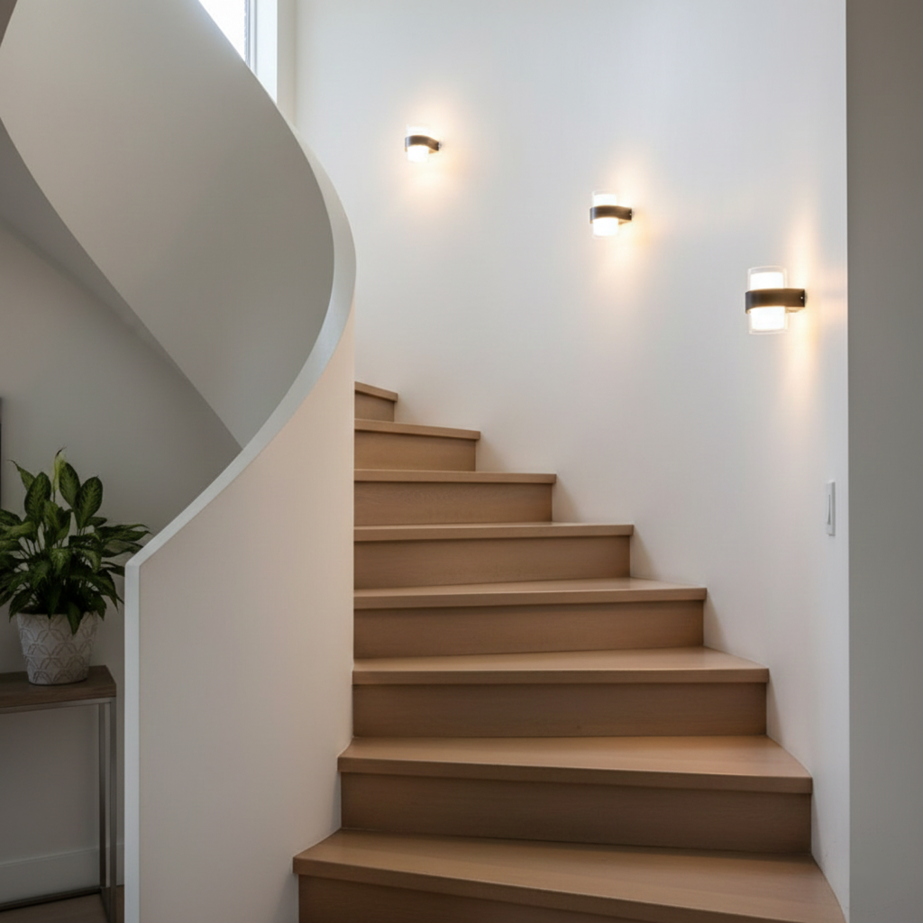 Stair lighting ideas with minimal wall lights and modern interior design inspiration.