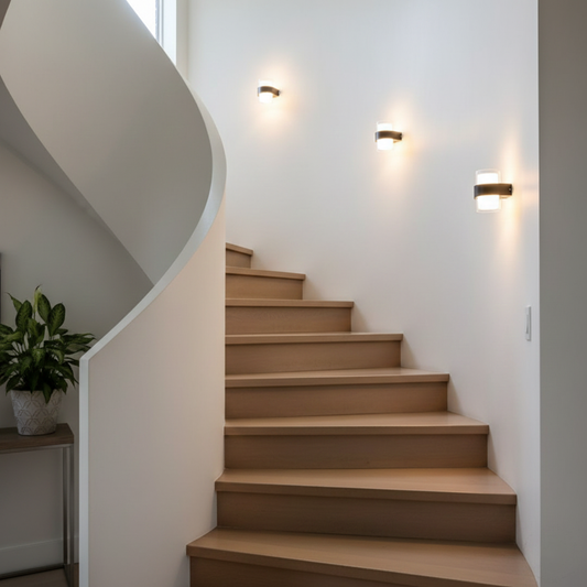 Stair lighting ideas with minimal wall lights and modern interior design inspiration.