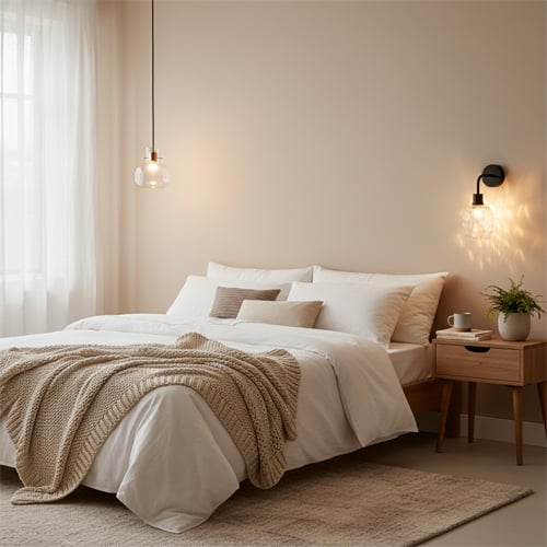 Elegant bedroom styling with soft bedding warm lighting and modern decor creating cozy luxurious ambiance.