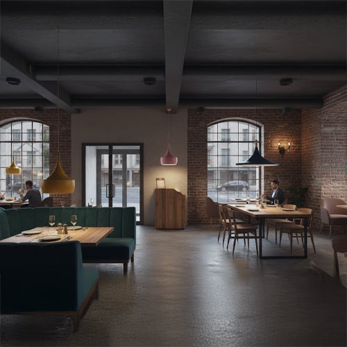 Modern restaurant interior with elegant seating warm lighting and stylish decor creating inviting dining ambiance.