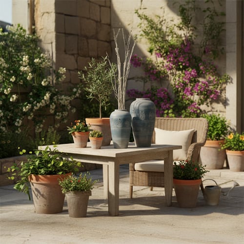 Terracotta planter selection ideas for terrace garden with natural styling and outdoor decor inspiration.