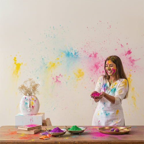 Creative Holi home decor ideas with colorful setup festive styling and vibrant celebration inspiration.