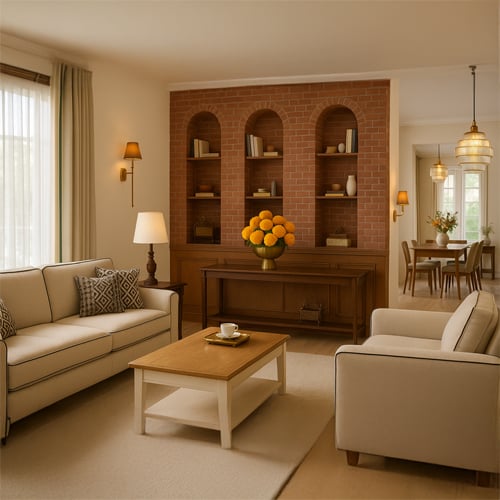 Modern living room decor with warm lighting neutral palette and stylish furniture creating trendy home interior look.