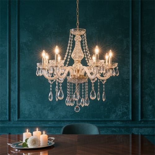 Glass vs crystal chandelier guide with elegant lighting styles and luxury home decor inspiration.
