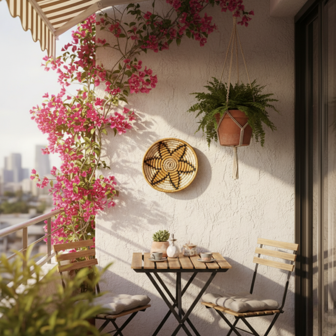 Boho wall decor ideas with plants textures and stylish balcony setup interior inspiration.