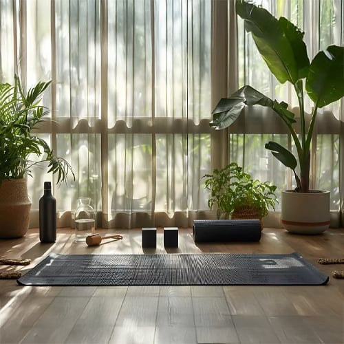 Yoga inspired home decor with floor seating natural light and plants creating calm and peaceful meditation space.