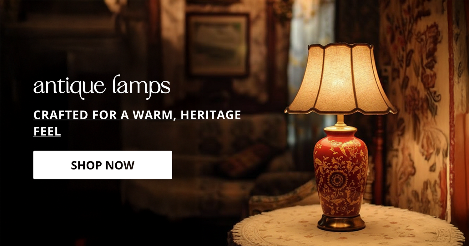 Vintage antique lamps with classic fabric shade design giving warm cozy lighting for bedroom living room and home decor.