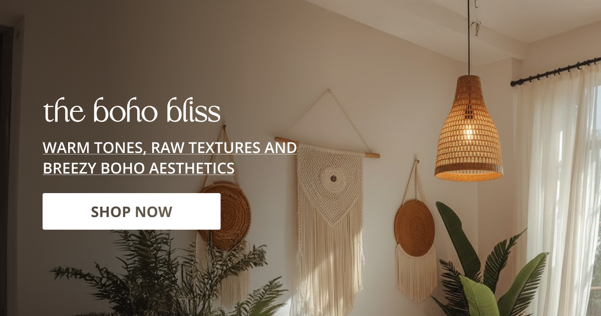 Boho decor style styled with woven pendant light and natural textures creating warm relaxed aesthetic interior.