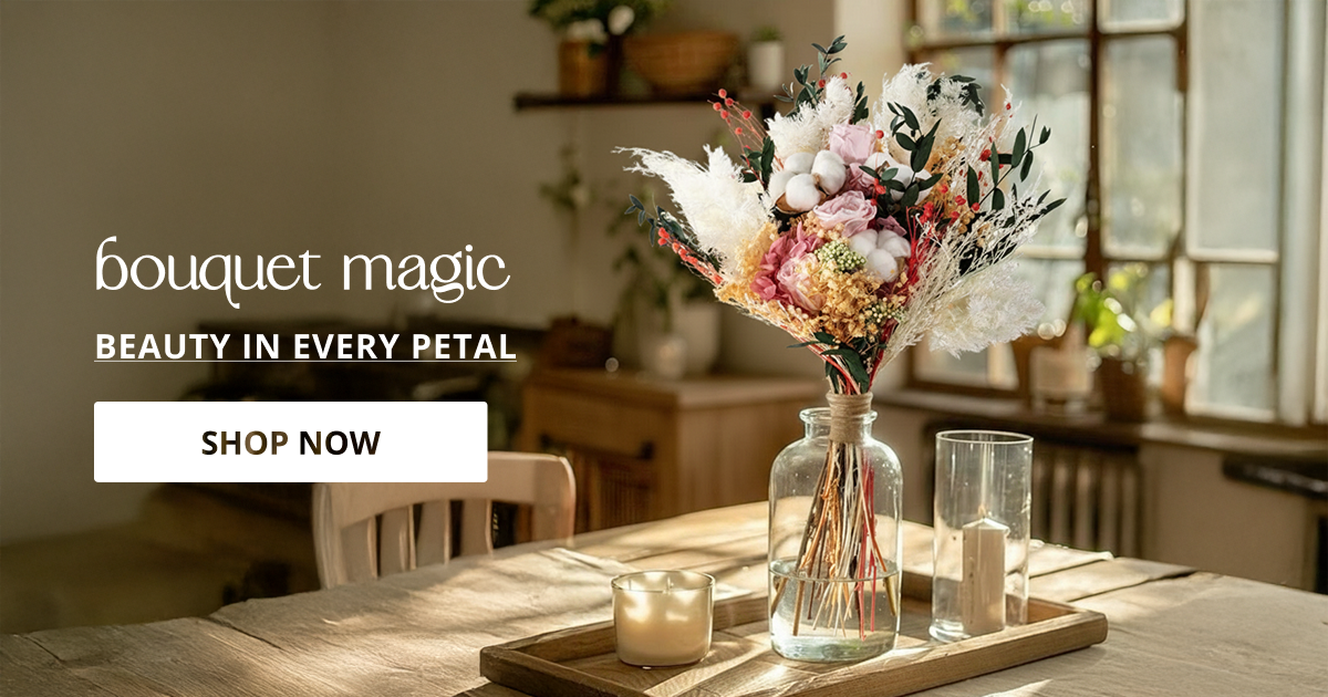 Decorative dried flower bouquets in elegant vase arrangement perfect for living room table decor and aesthetic home styling.