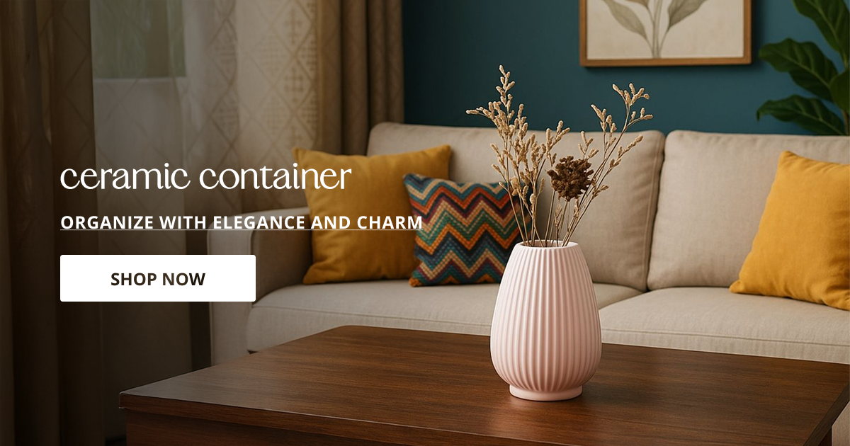 Ceramic container decor styled on modern living room table with dried flowers and warm interior setting.