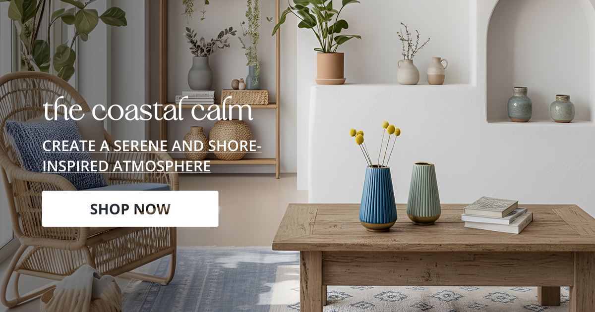 Coastal style home decor with light colors natural textures and elegant accessories perfect for fresh and relaxing interior styling.