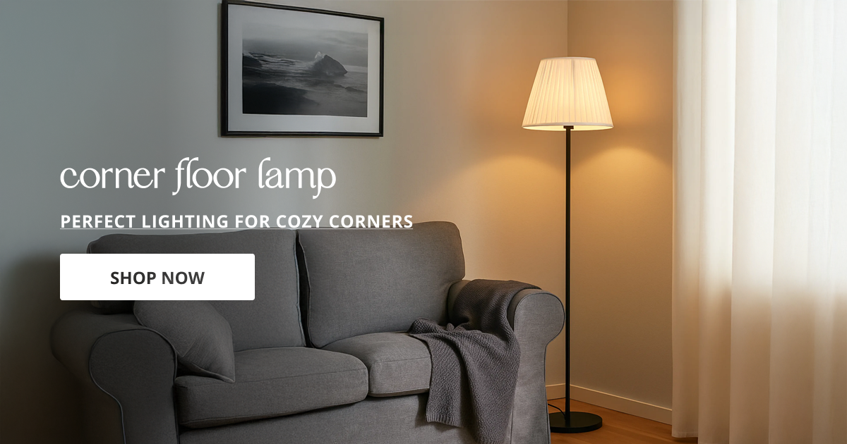 Corner floor lamp with tall modern design providing ambient lighting for living room bedroom and home decor.