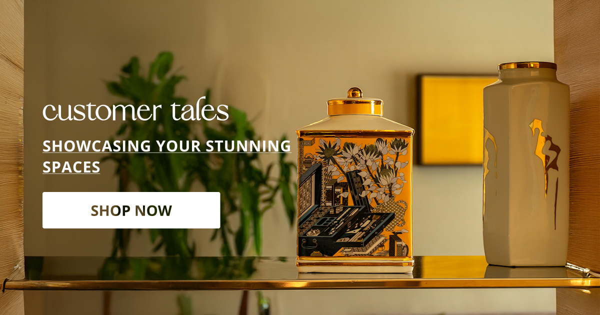 Customer stories with real home decor setups showing lighting lamps and accessories in stylish interior spaces.