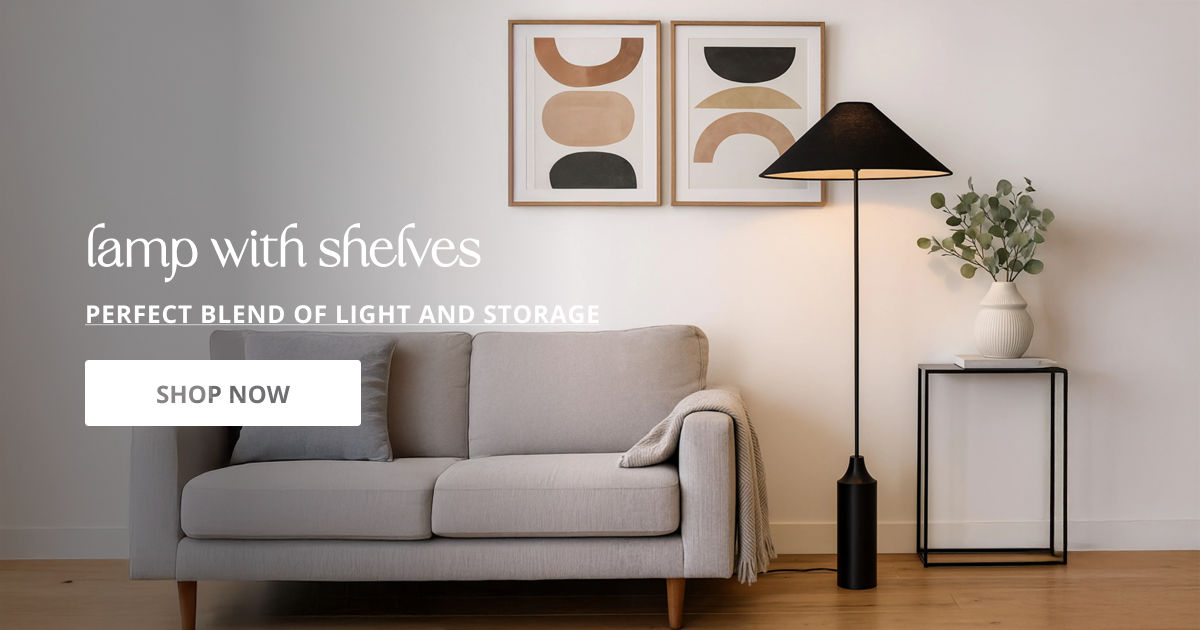 Floor lamp with shelves design combining lighting and storage perfect for living room corner decor and modern home styling.