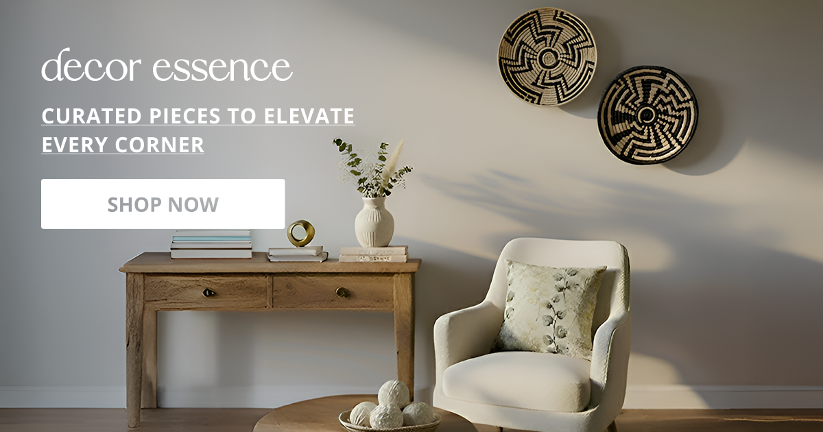 Home decor collection styled with elegant furniture and wall accents creating warm modern interior setting.