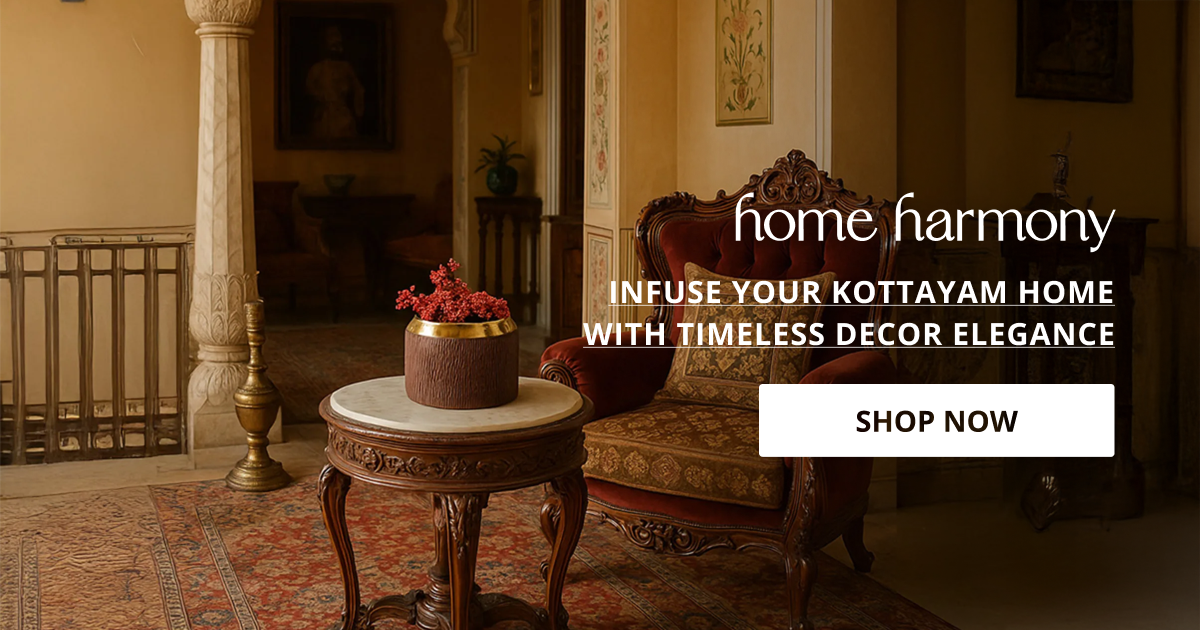 Home decor products in Kottayam styled with wooden furniture and warm accents creating elegant traditional interior.