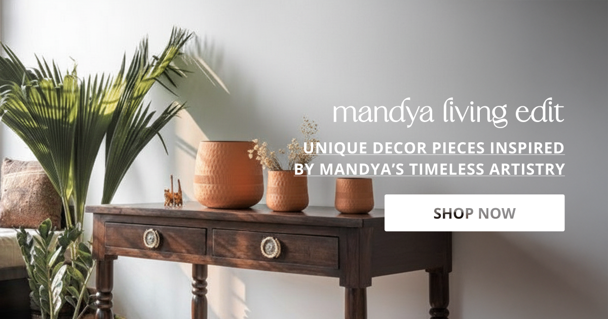 Home decor products in Mandya styled with wooden console and plants creating calm earthy modern interior look.
