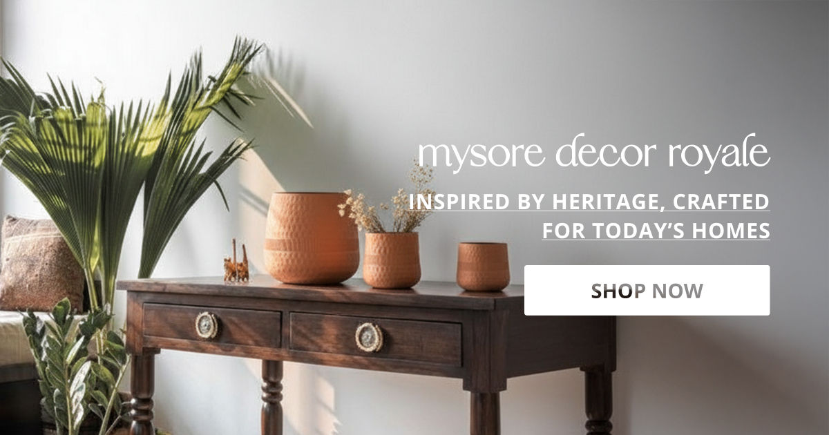 Home decor products in Mysore styled with wooden console and ceramic accents creating elegant heritage inspired interior.