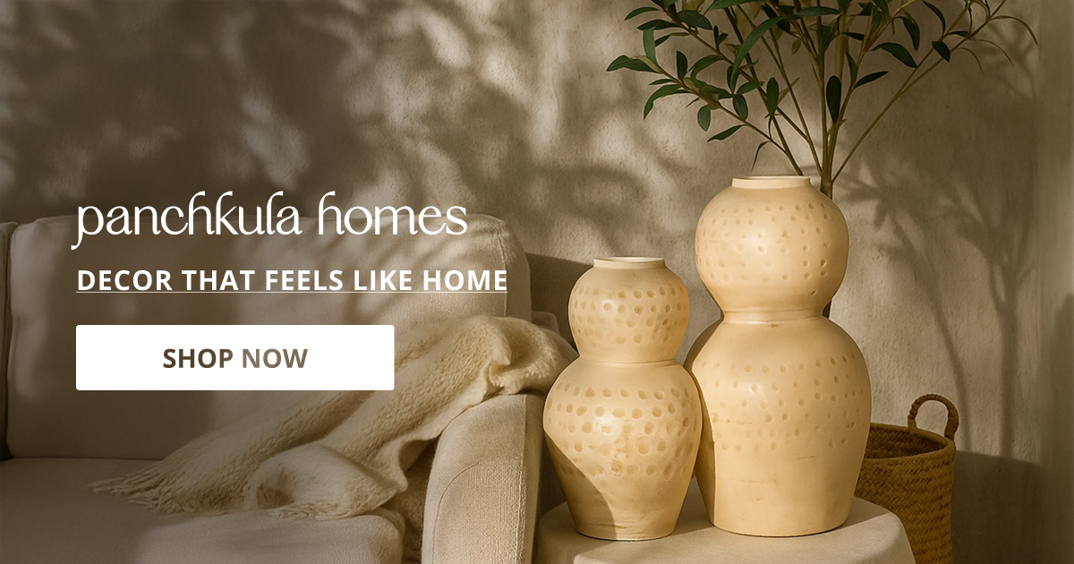 Home decor products in Panchkula styled with textured vases and natural elements creating cozy modern home setting.