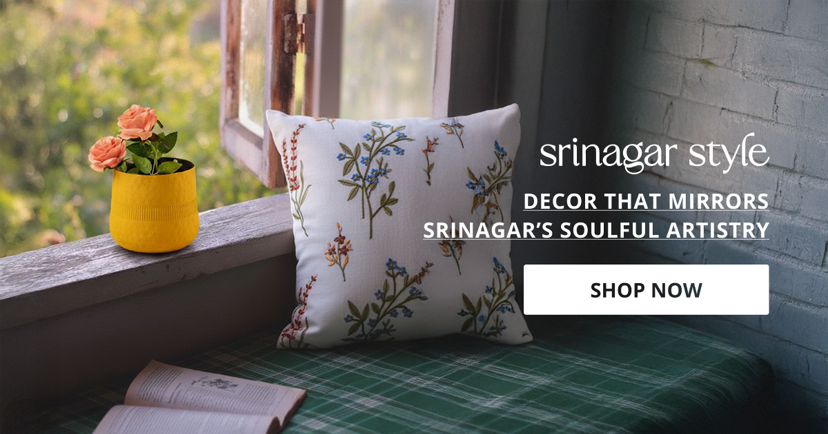 Home decor products in Srinagar styled with window seating and cushion setup creating calm scenic home decor feel.