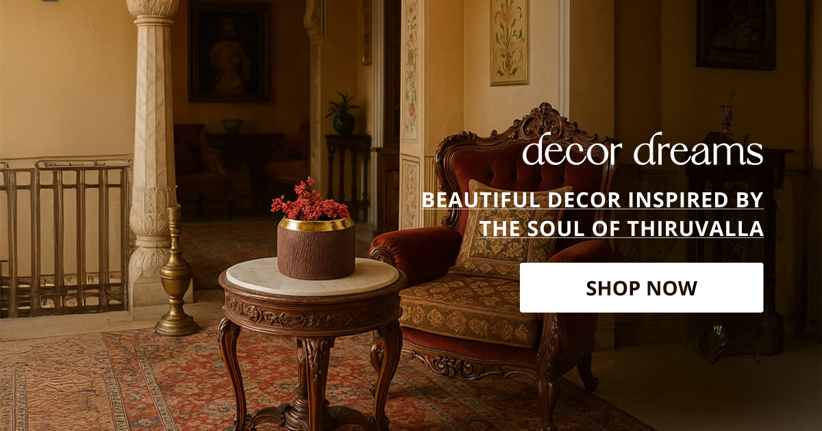 Home decor products in Thiruvalla styled with wooden table and decor pieces creating elegant traditional interior look.