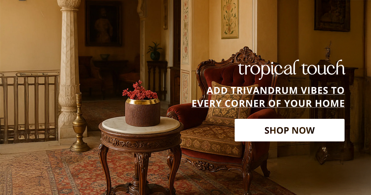 Home decor products in Trivandrum styled with wooden furniture and decor accents creating rich traditional home look.