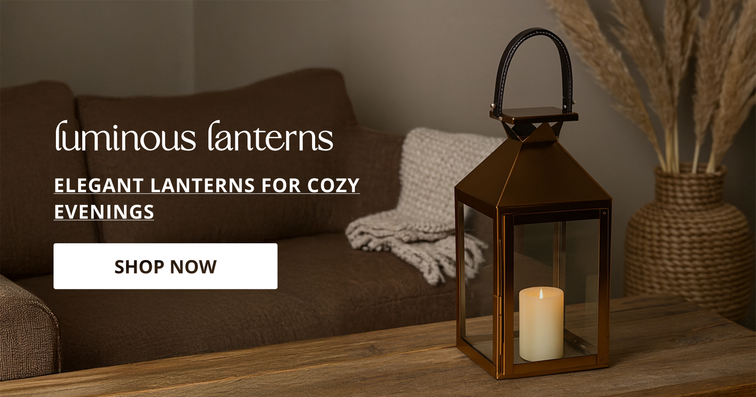 Decorative garden lanterns with classic metal frame design adding warm ambient lighting for outdoor decor patio and garden styling.