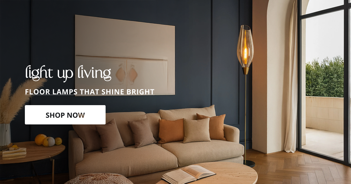 Living room floor lamps with modern tall design creating warm lighting for sofa corner and home interior decor.